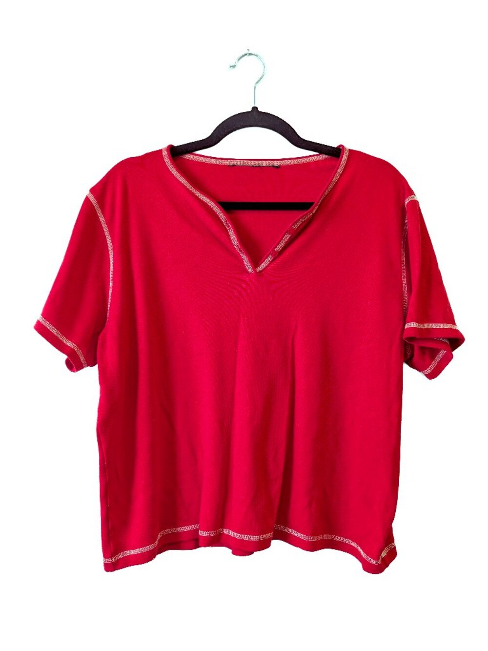 Red V Neck Tee with White Contrast Stitch Size L-XL